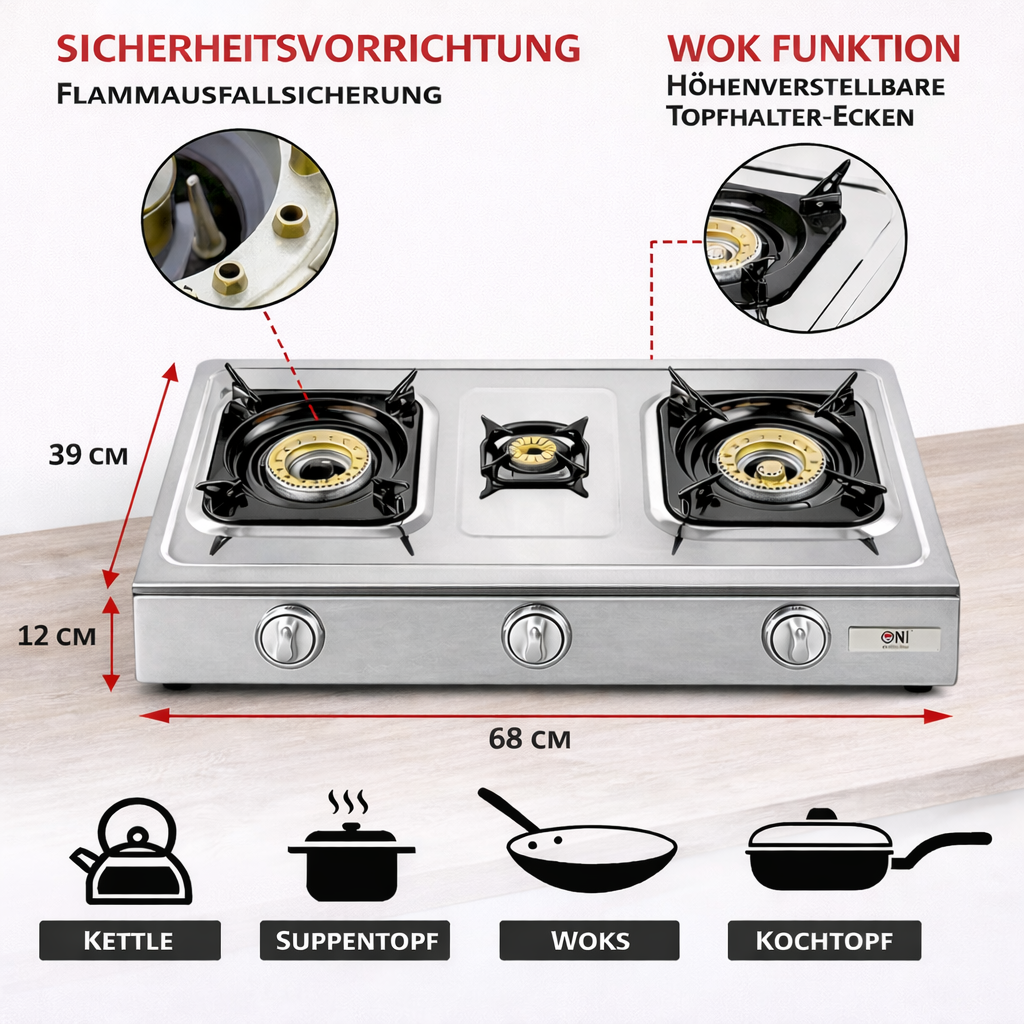 NSD-3 Gaskocher 3 flammig Edelstahl Campingkocher Zündsicherung Propan