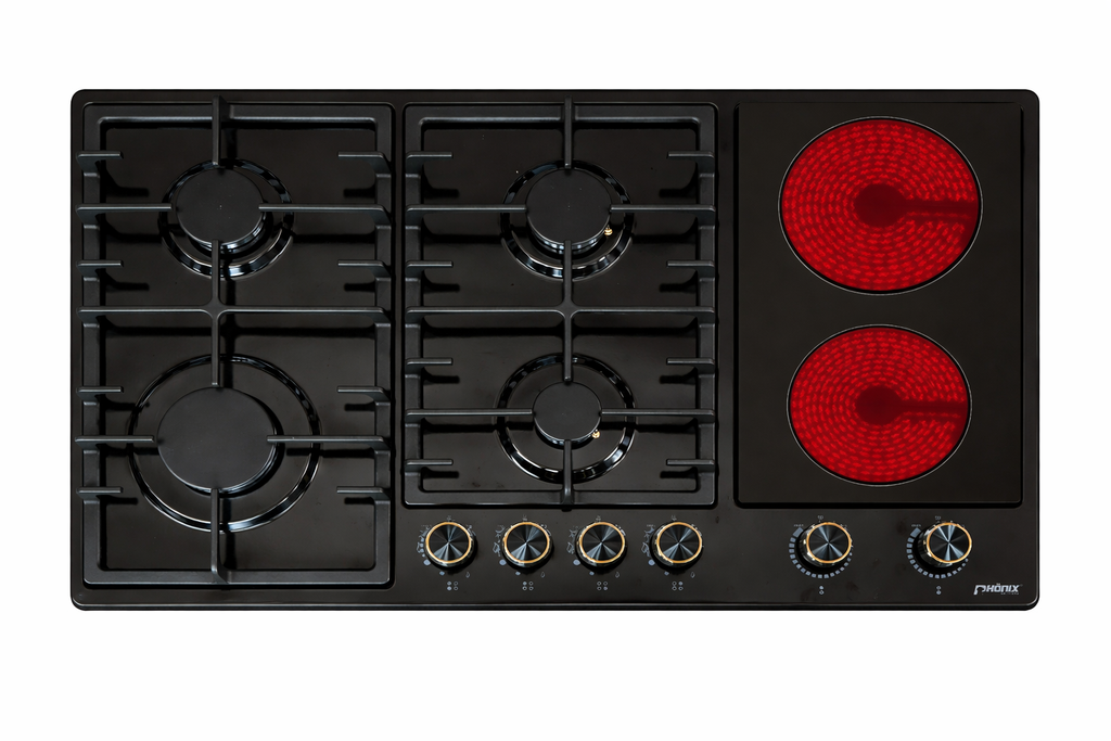 Phoenix PE-906ET combination gas hob, 6 enamel hobs including 2 ceramic cooking zones
