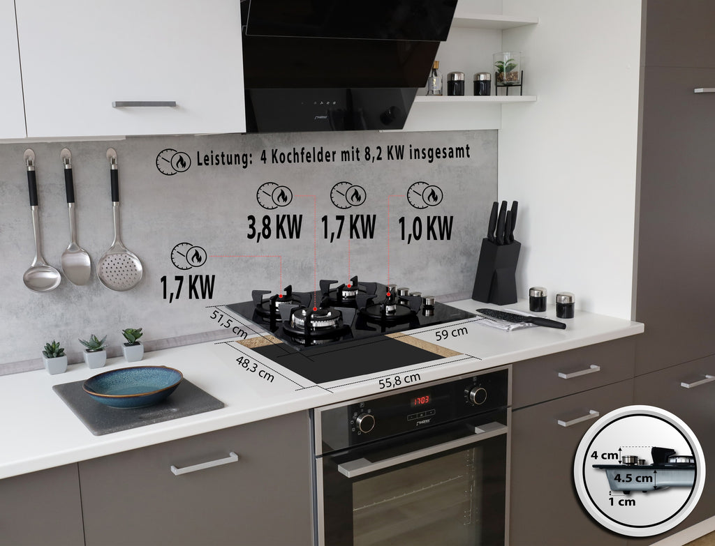 Phönix PG-604ST Einbau Gaskochfeld 4 flammig Glas Gaskocher