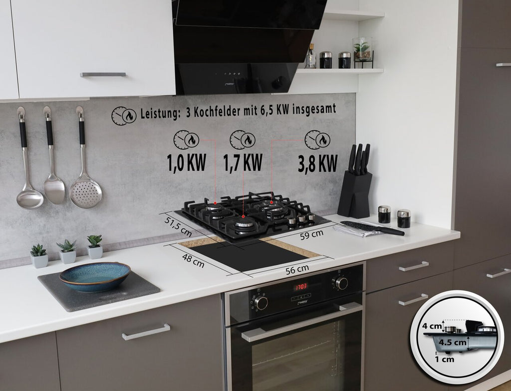 Phönix PG-631T Gaskochfeld 3 flammig Glas Gaskocher Propan /H-Gas +Set