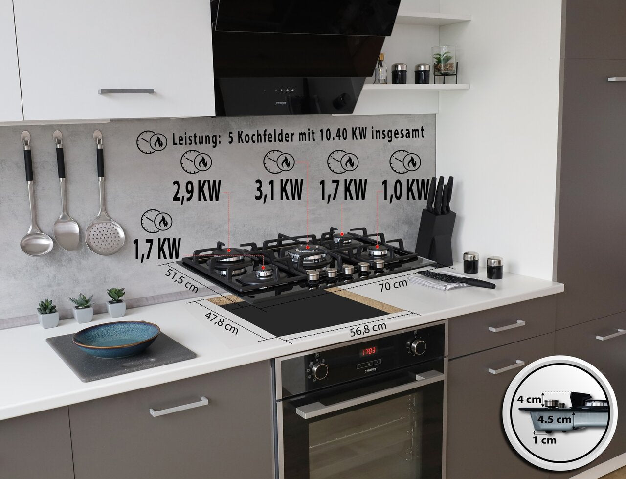 Phönix PG-701T Gaskochfeld 5 flammig Glas Einbauherd LPG /Erdgas