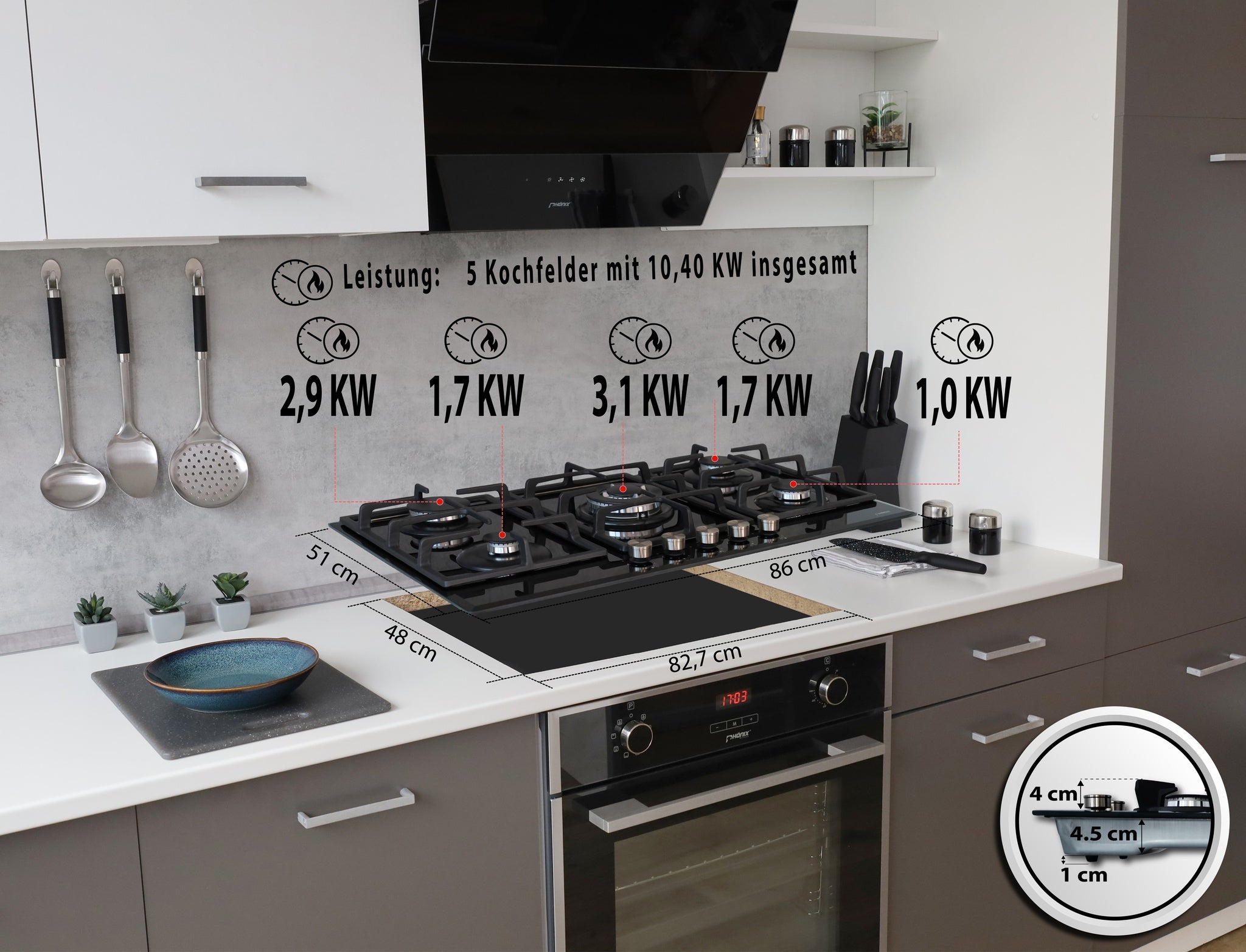 Phönix PG-901T Gaskochfeld 5 flammig Glas Einbauherd LPG/Erdgas