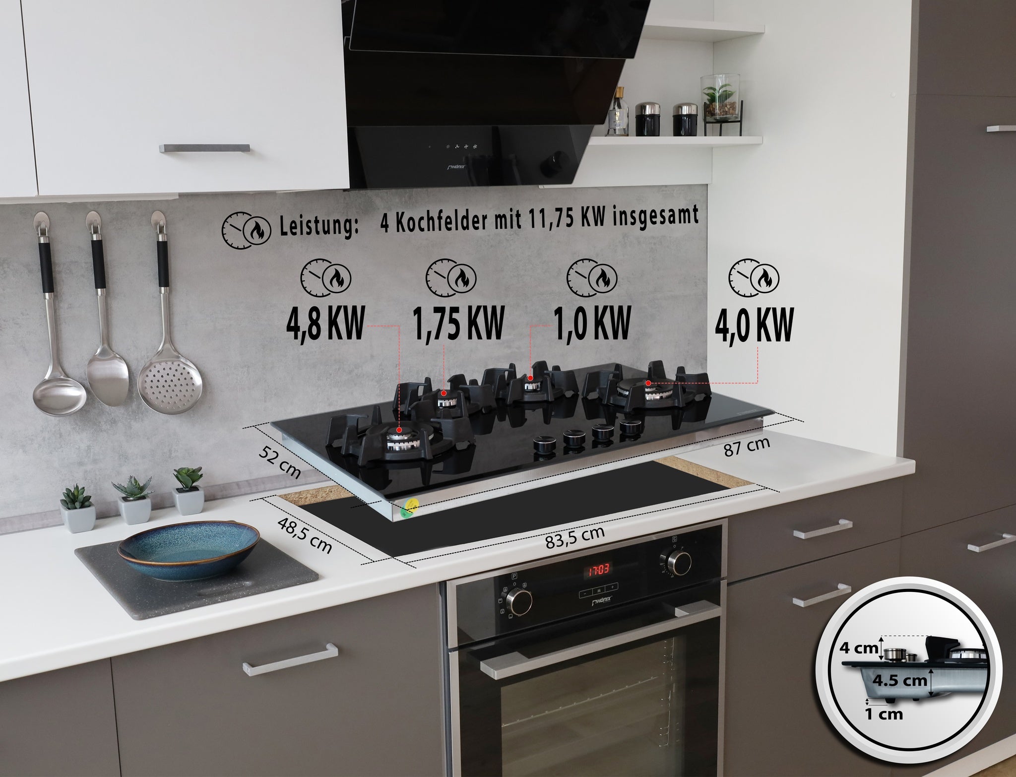 Phönix PG-904SWL Gaskochfeld Gaskocher 4 flammig Propan / Erdgas