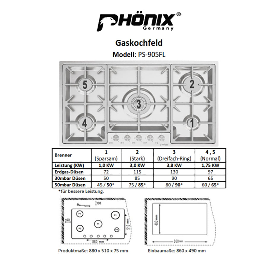 Phönix PS-905FL flächenbündiges Gaskochfeld 5 flammig Edelstahl