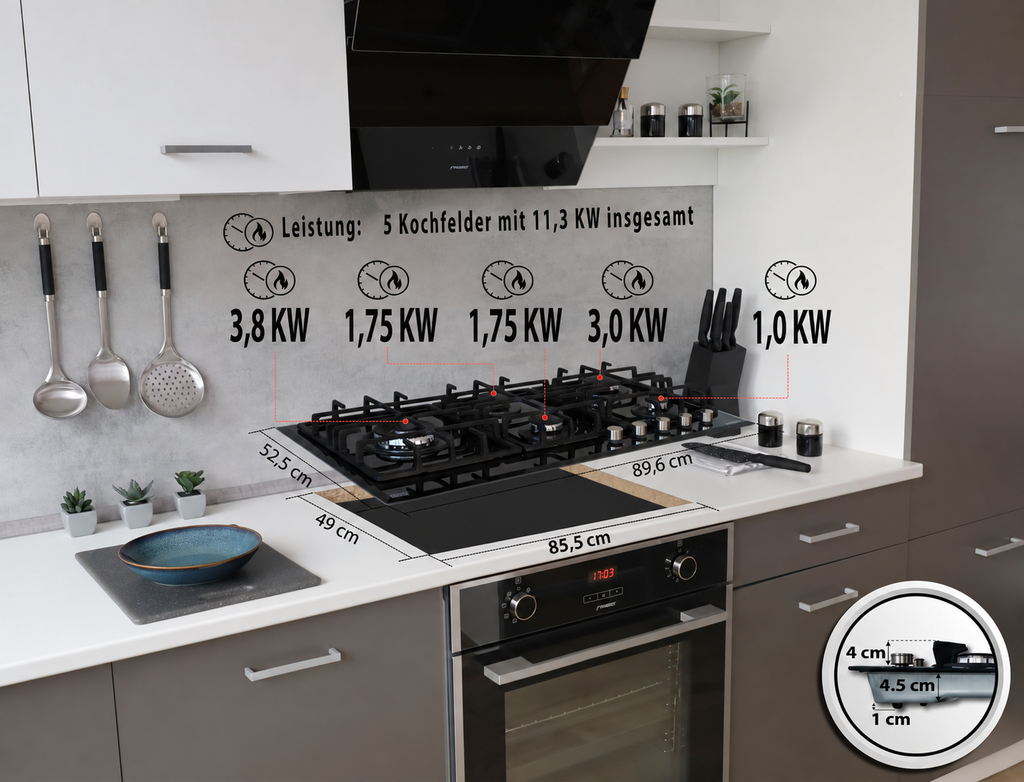 Phönix PG-905L 5-flammiges Glas-Gaskochfeld 90 cm – Propan/Erdgas