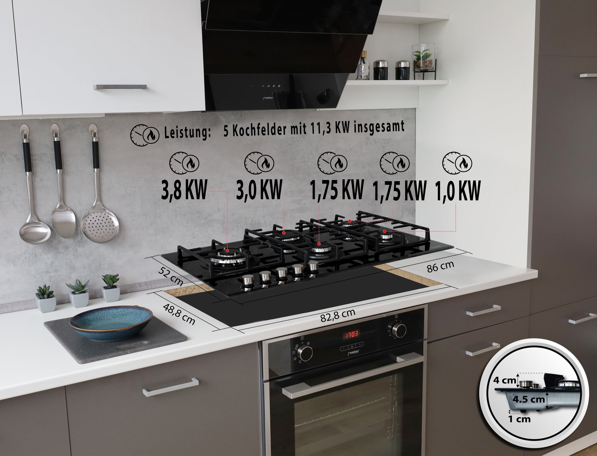 Phönix PG-905SW2L Gaskochfeld Gaskocher 5 flammig Propan / Erdgas