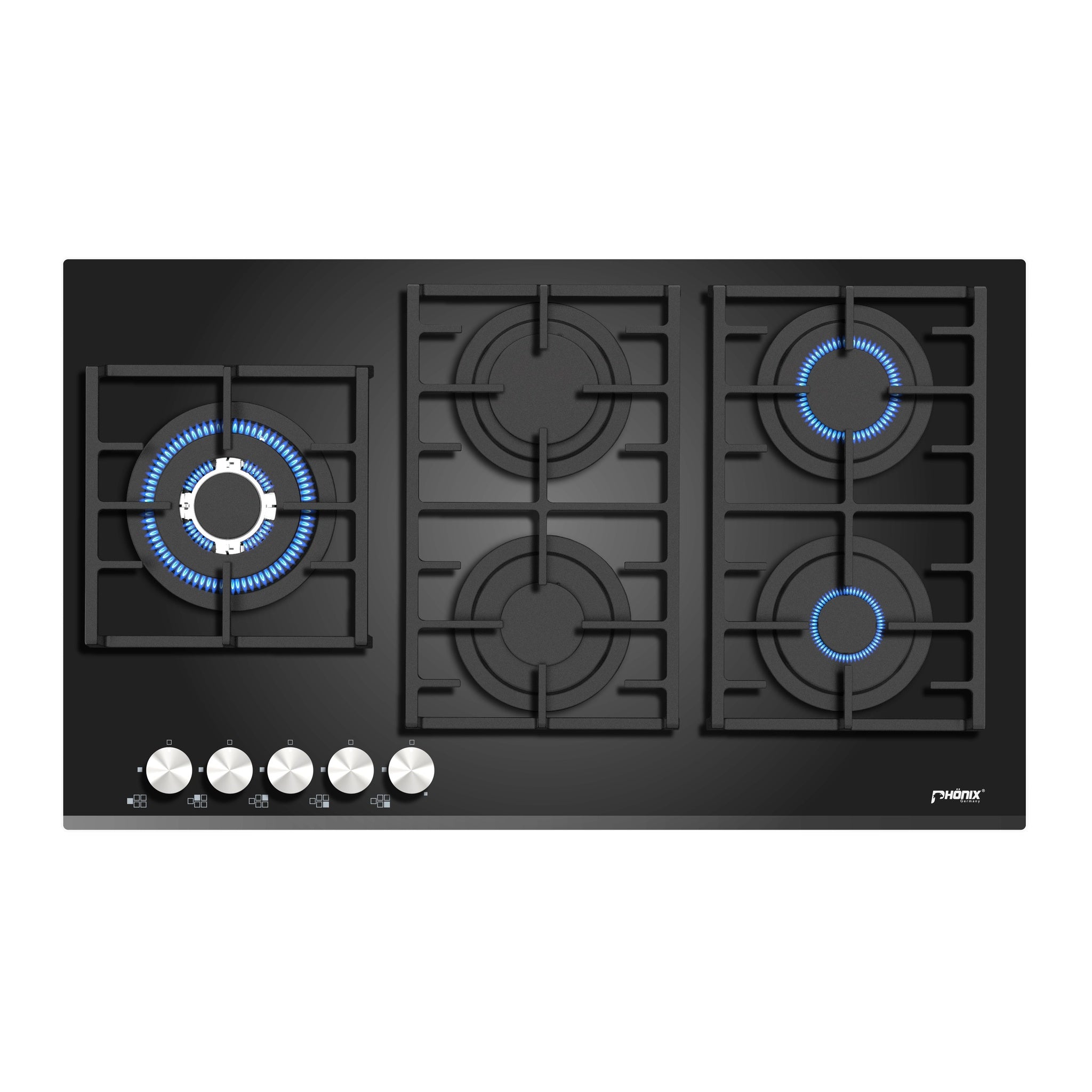 Phönix PG-905SW2L 5-flammiges Glas-Gaskochfeld mit Wokbrenner