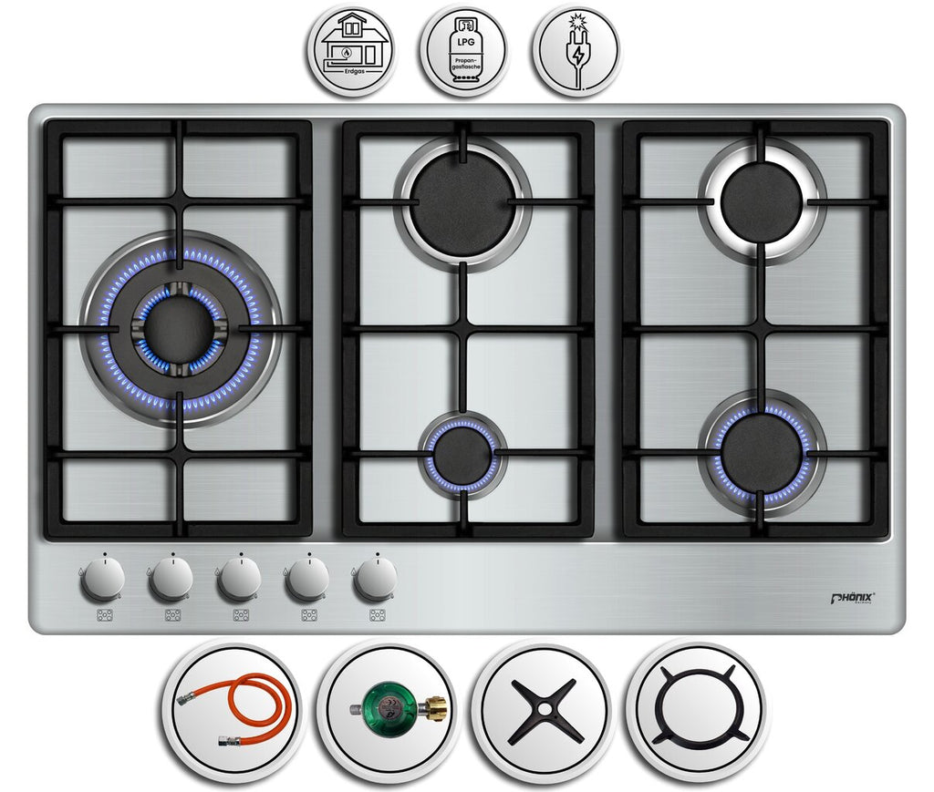 Phönix PS-901LT Gaskochfeld Gaskocher 5 flammig Propan / Erdgas + Set