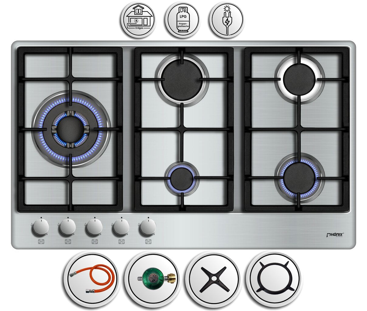 Phönix PS-901LT Gaskochfeld Gaskocher 5 flammig Propan / Erdgas + Set