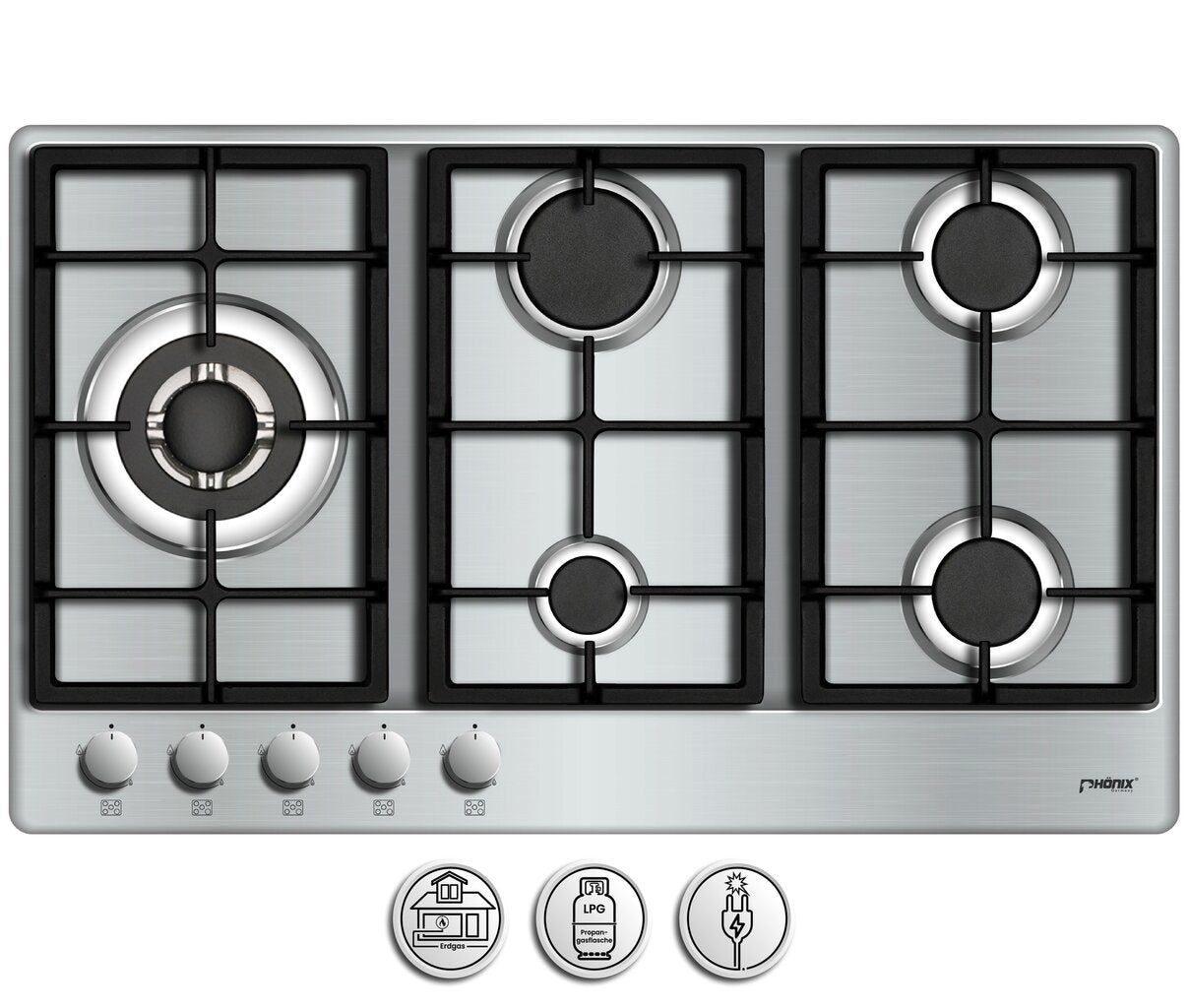 Phönix PS-901LT Gaskochfeld Gaskocher 5 flammig Propan / Erdgas + Set