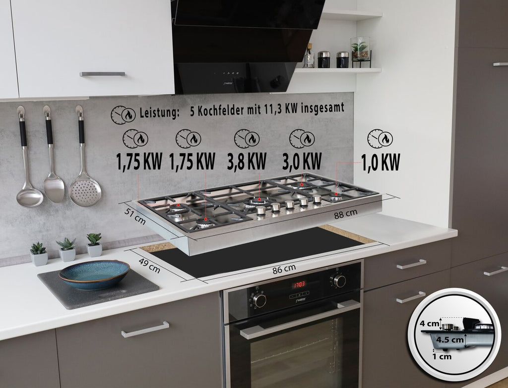 Phönix PS-905FL flächenbündiges Gaskochfeld 5 flammig Edelstahl