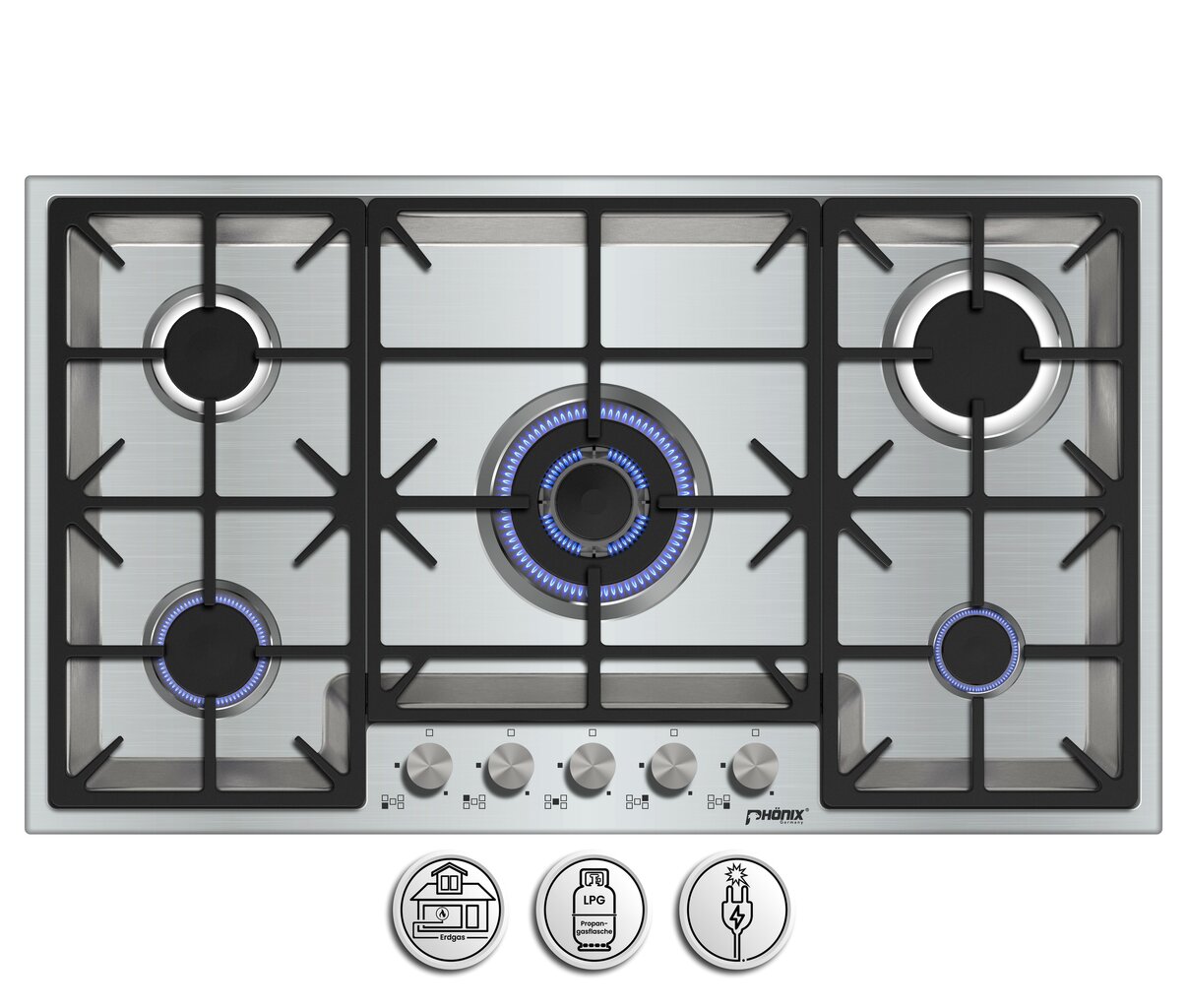 Phönix PS-905FL flächenbündiges Gaskochfeld 5 flammig Edelstahl
