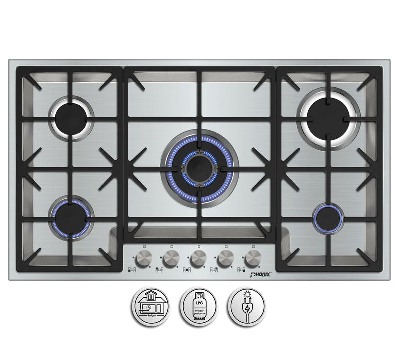 Phönix PS-905FL flächenbündiges Gaskochfeld 5 flammig Edelstahl