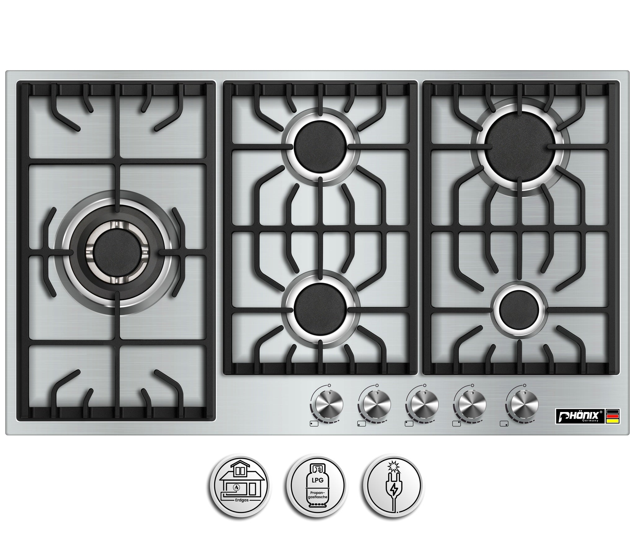 Phönix PS-905L Gaskochfeld Inox Gaskocher 5 flammig Propan /H-Gas