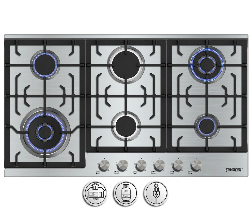 Phönix PS-906L Gaskochfeld 6 flammig Edelstahl 90cm Propan / Erdgas, H