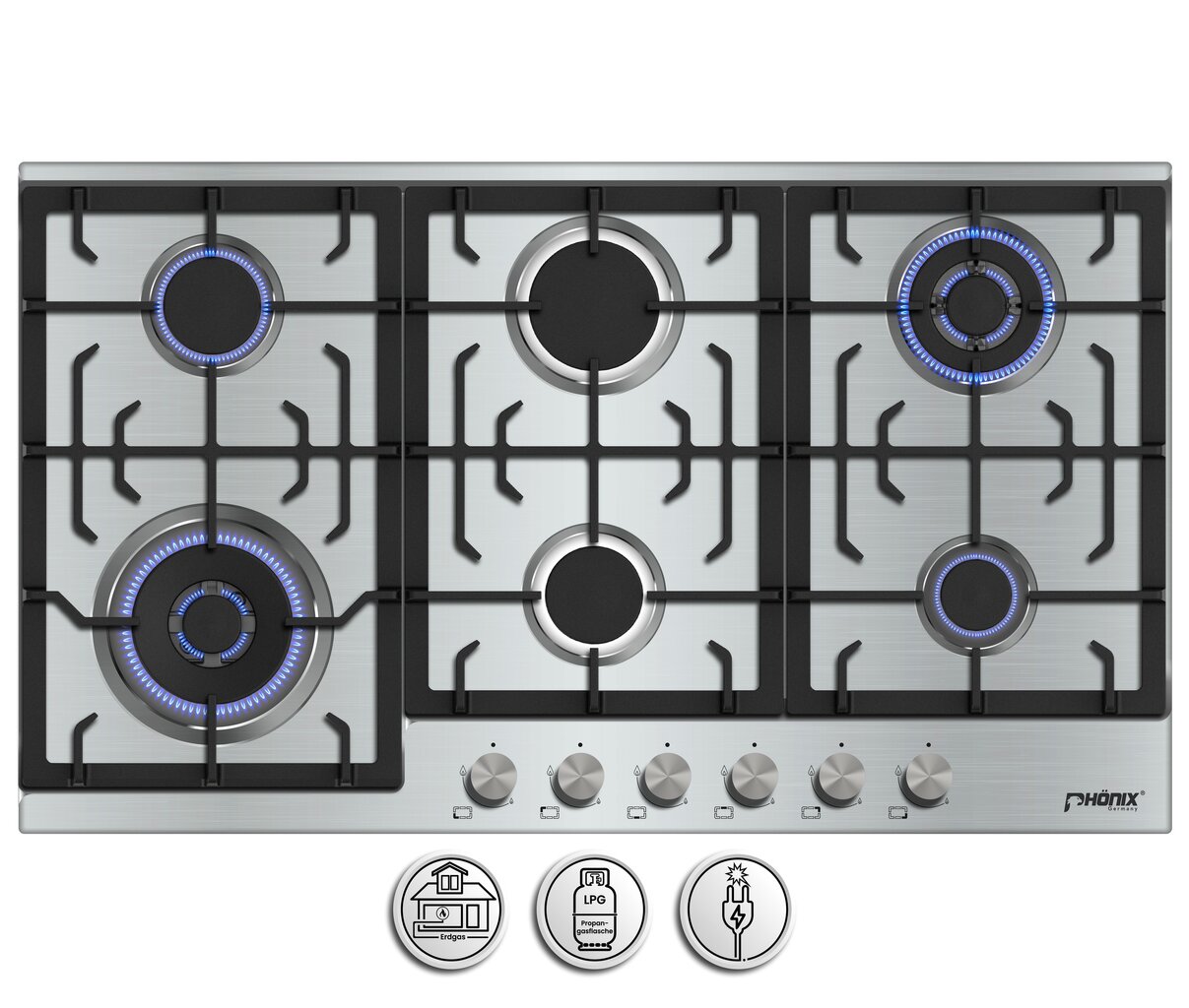 Phönix PS-906L Gaskochfeld 6 flammig Edelstahl 90cm Propan / Erdgas, H