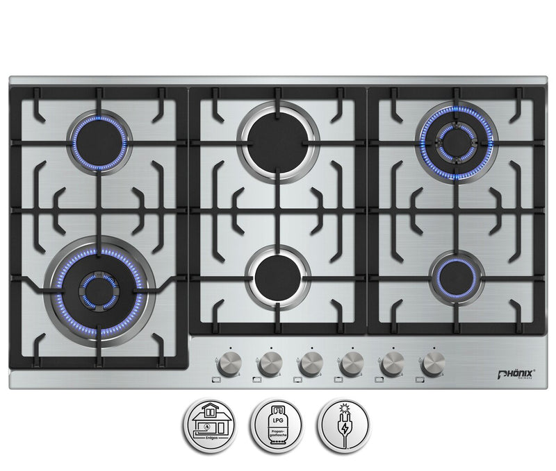 Phönix PS-906L Gaskochfeld 6 flammig Edelstahl 90cm Propan / Erdgas, H