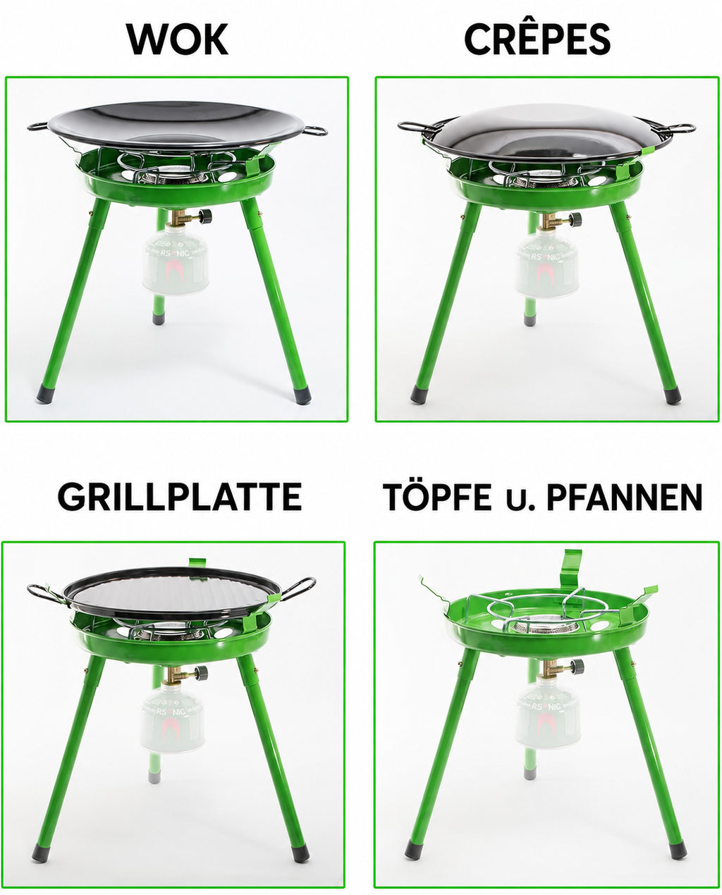 Rsonic RS-9055 4-in-1 Camping-Gaskocher Gasgrill mit Grillplatte, Wok & Tasche
