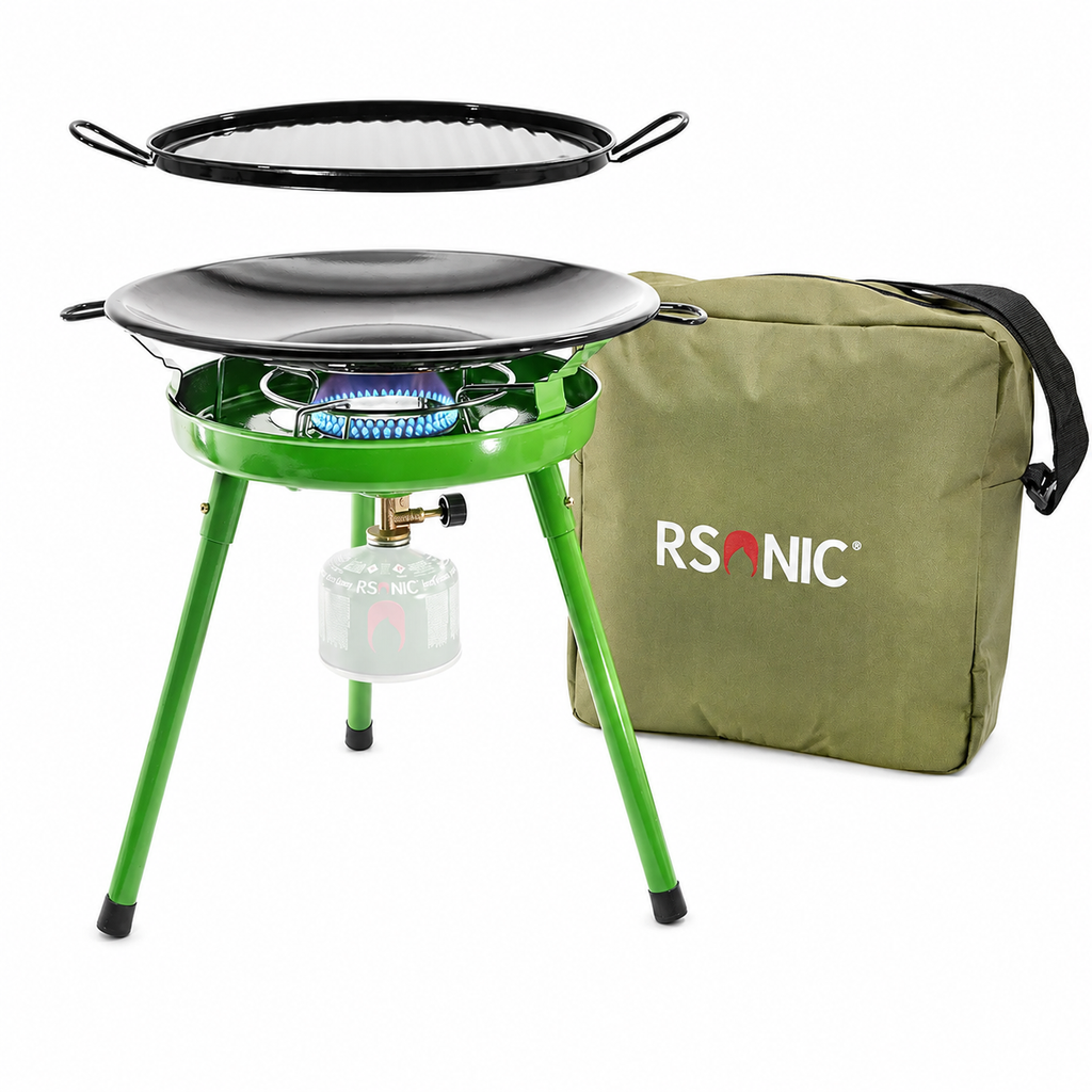 Rsonic RS-9055 4-in-1 Camping-Gaskocher Gasgrill mit Grillplatte, Wok & Tasche