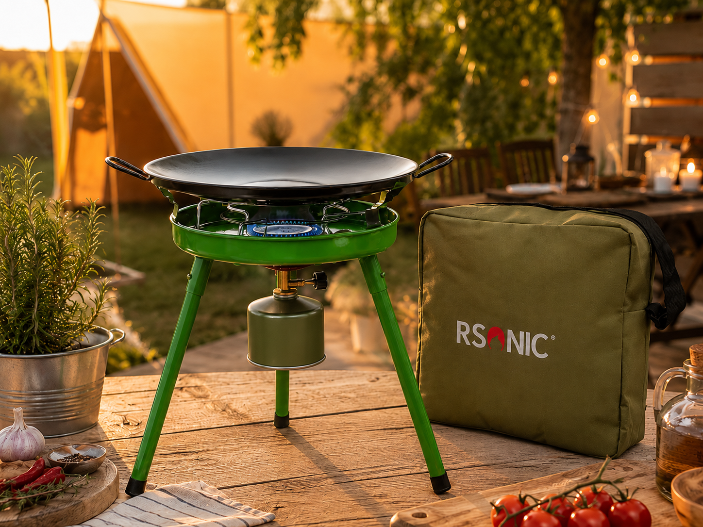 Rsonic RS-9055 4-in-1 Camping-Gaskocher Gasgrill mit Grillplatte, Wok & Tasche