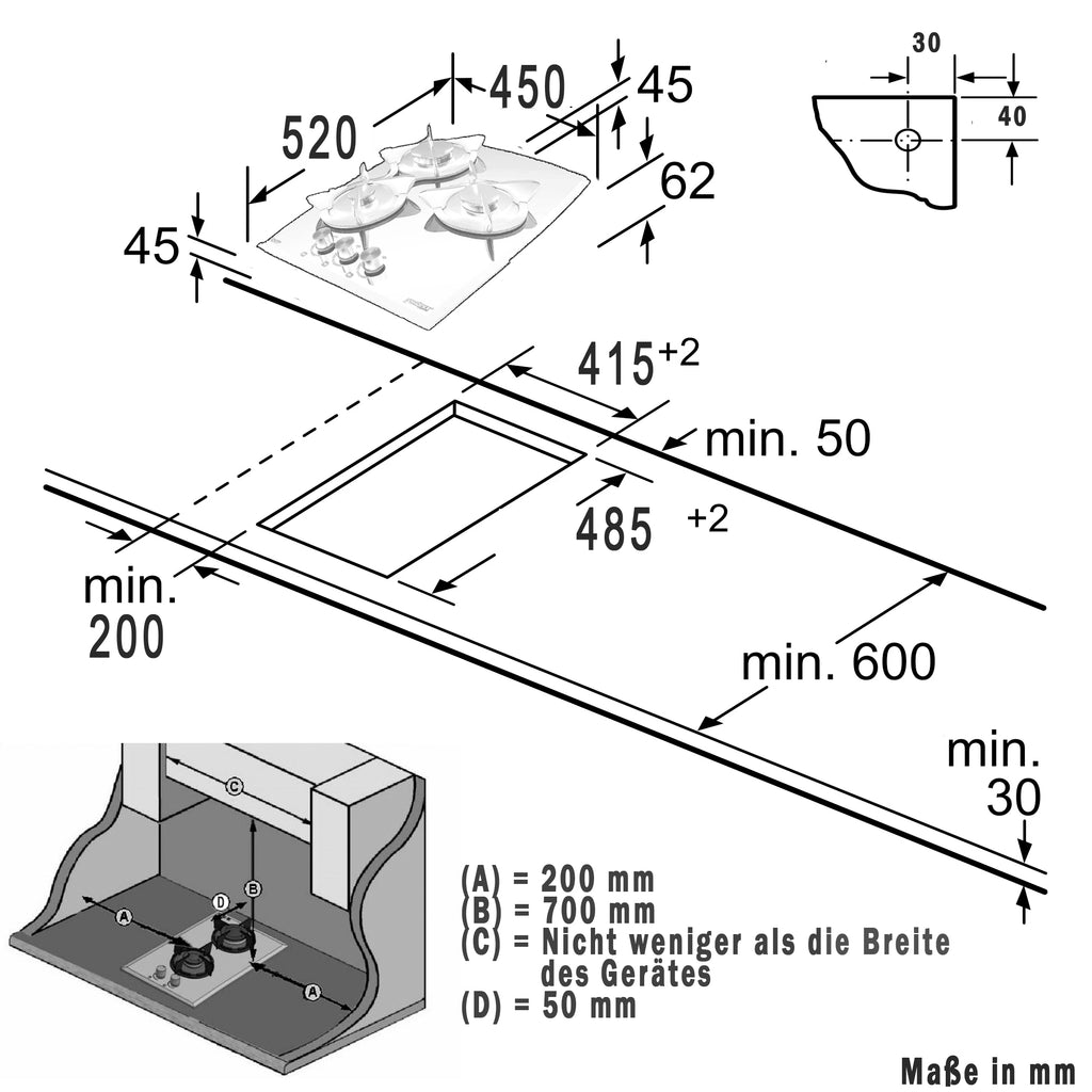 Phönix PG-503L Gaskochfeld 3 flammig Gaskocher Einbau Propan /H-Gas