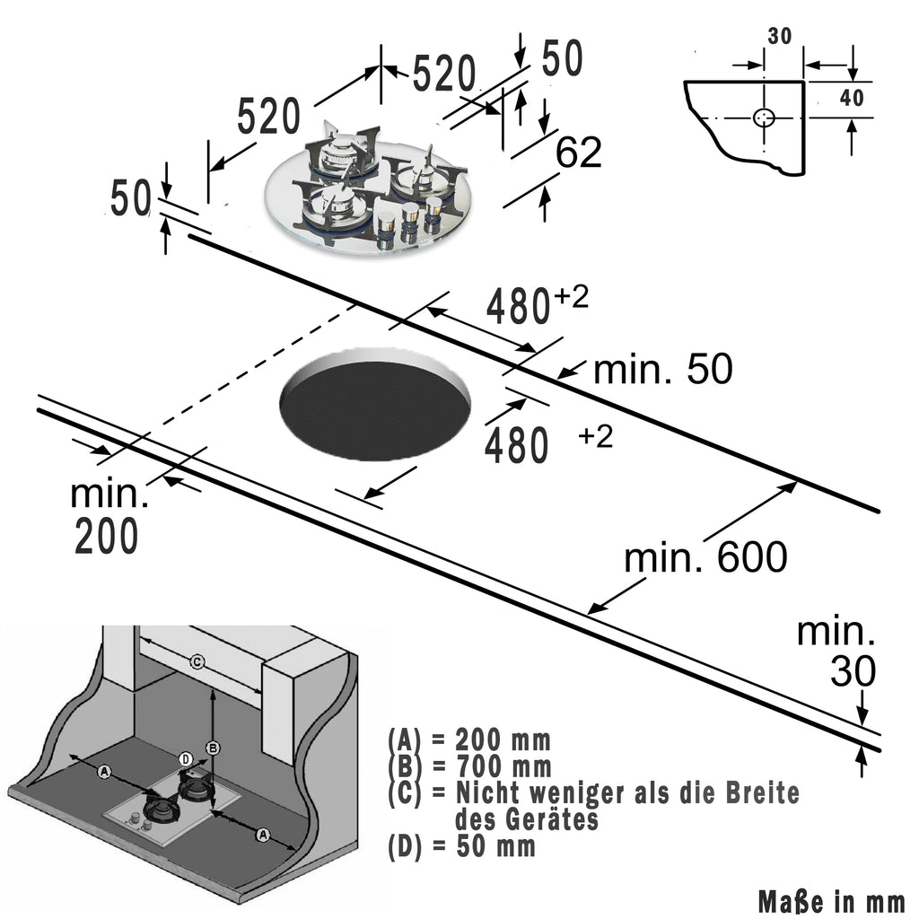 Phönix PG-603RT Gaskochfeld 3 flammig rund Gaskocher Propan /H-Gas +Set