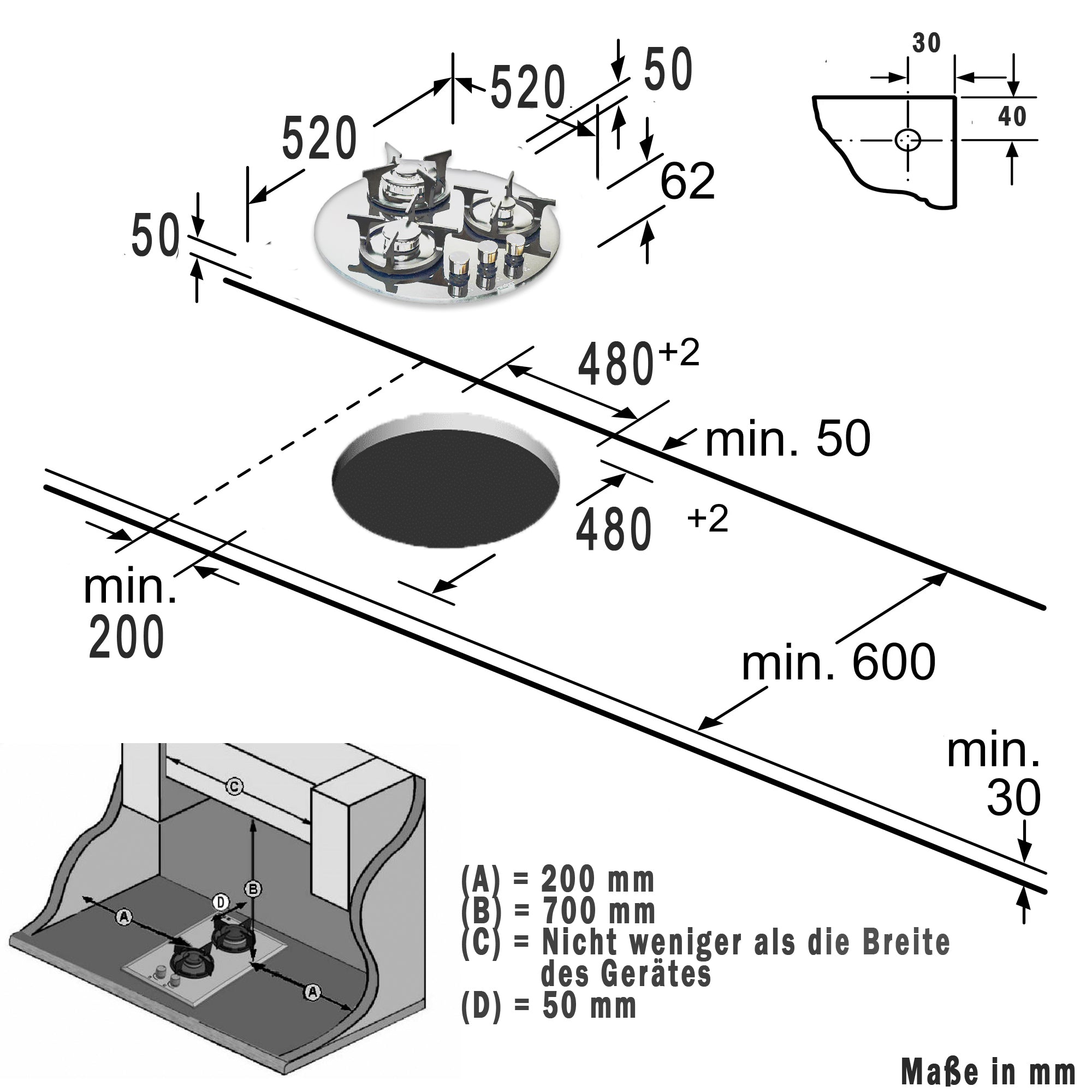 Phönix PG-603RT Gaskochfeld 3 flammig rund Gaskocher Propan /H-Gas +Set
