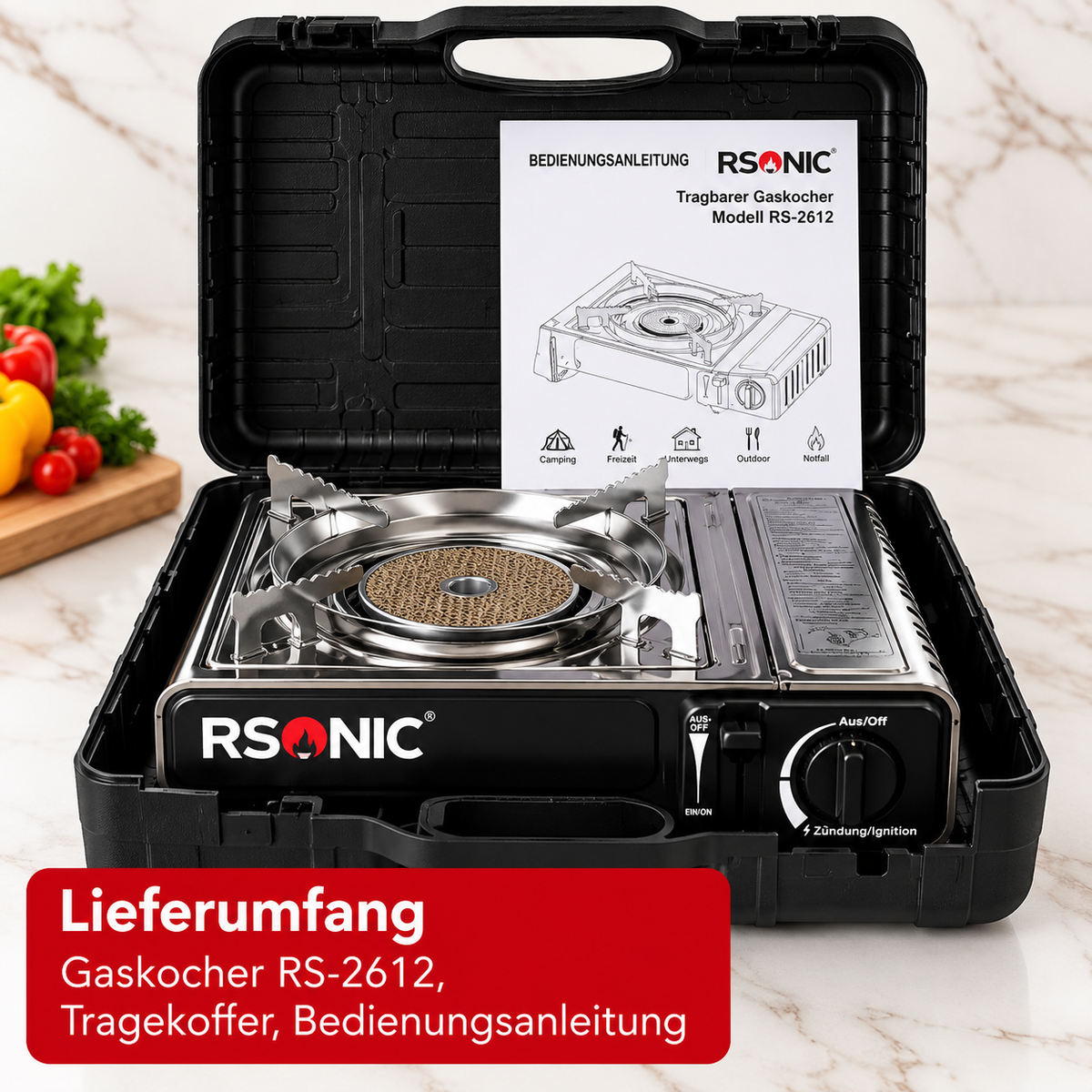 Rsonic Keramik Camping Gaskocher Campingkocher, Piezo, Windschutz inkl. Koffer