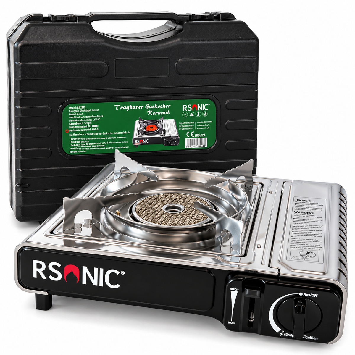 Rsonic Keramik Camping Gaskocher Campingkocher, Piezo, Windschutz inkl. Koffer