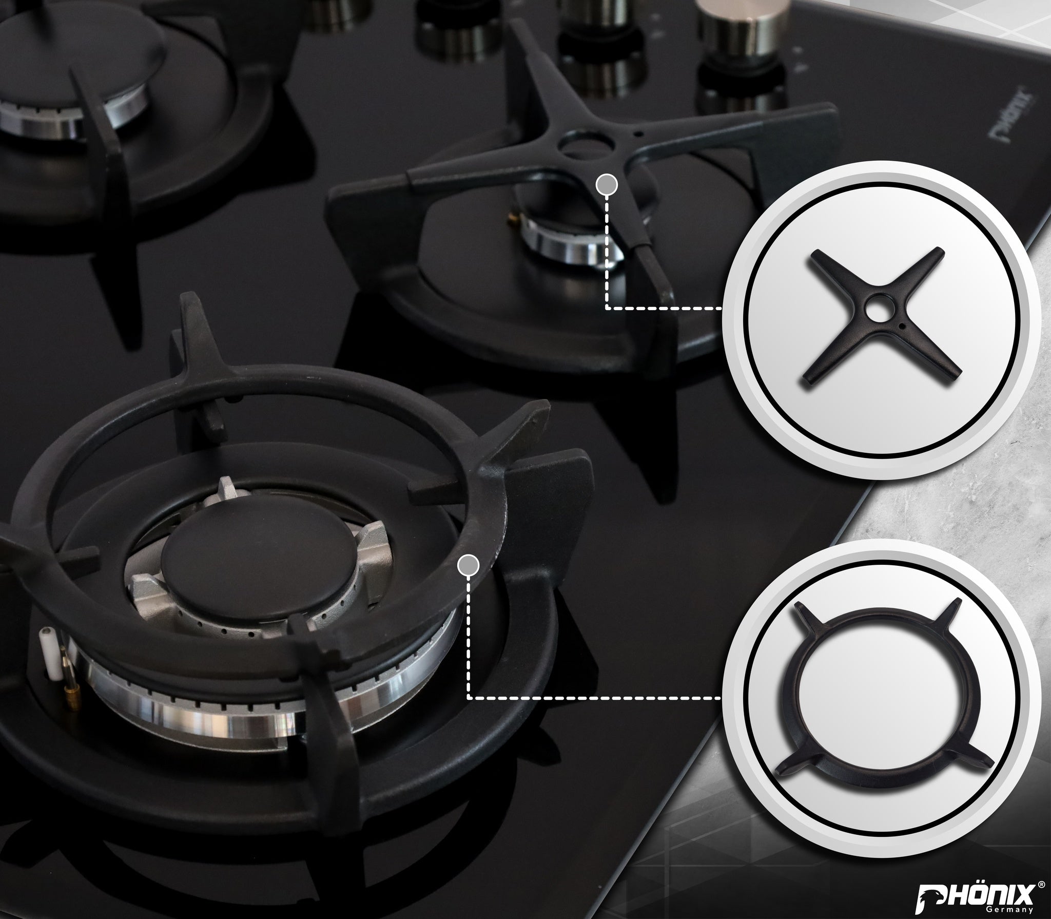 Phönix PG-901T Gaskochfeld 5 flammig Glas Einbauherd LPG/Erdgas