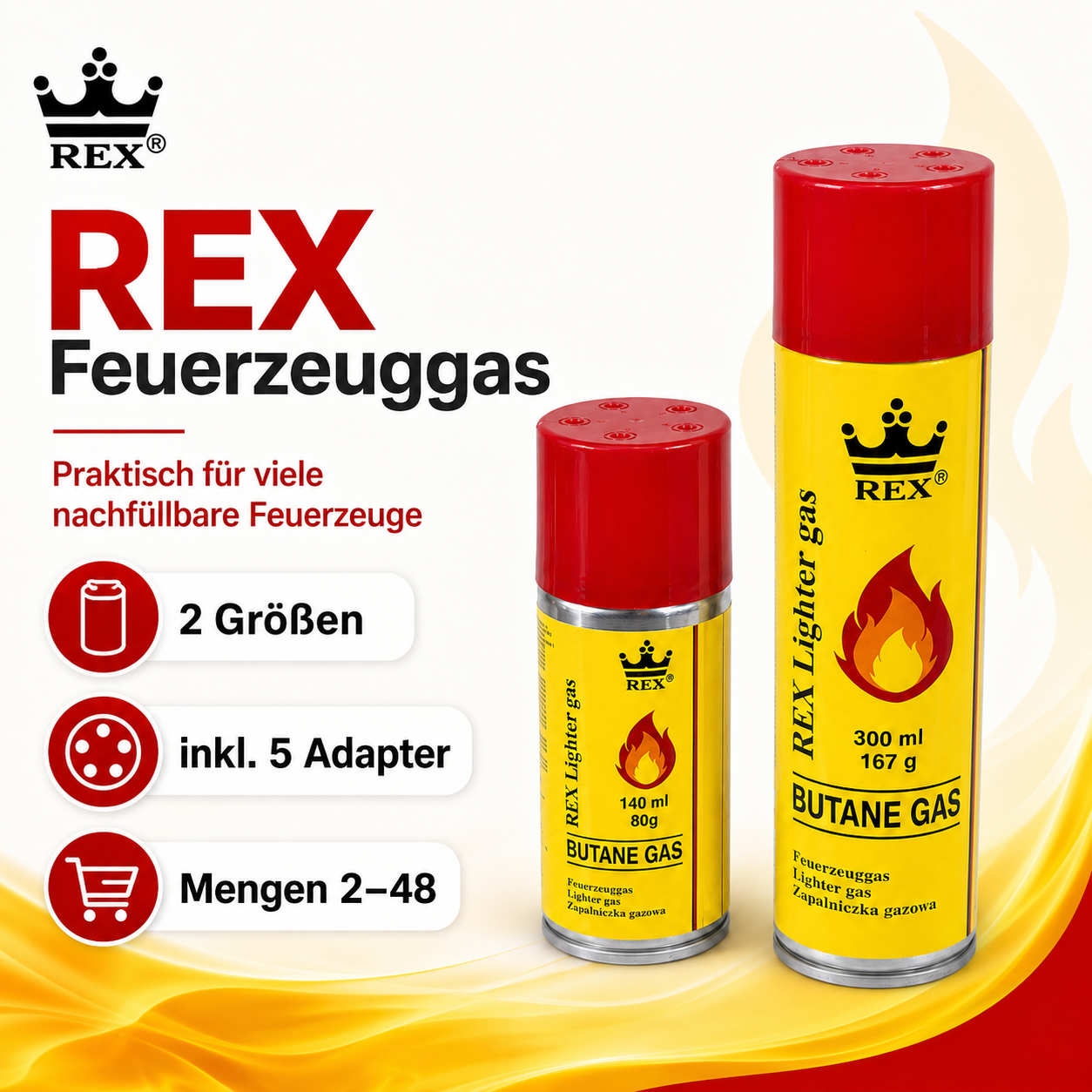 REX Feuerzeuggas Nachfüllgas Butan 140ml / 300ml Universalgas inkl. 5 Adapter
