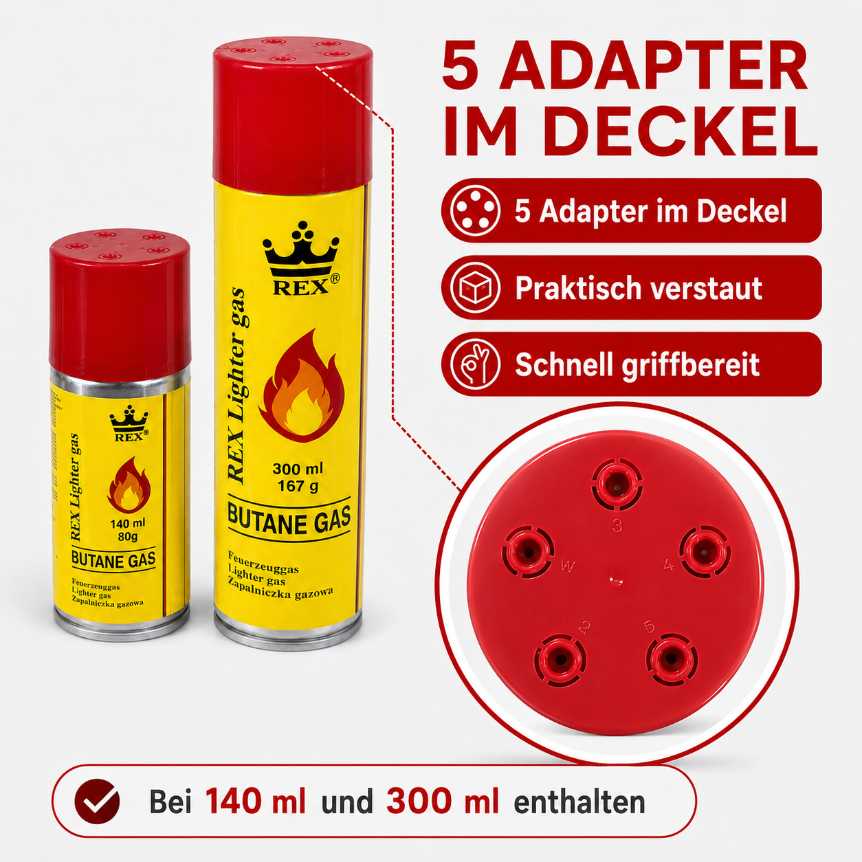 Feuerzeuggas Nachfüllgas Butan 140ml / 300ml Universalgas inkl. 5 Adapter