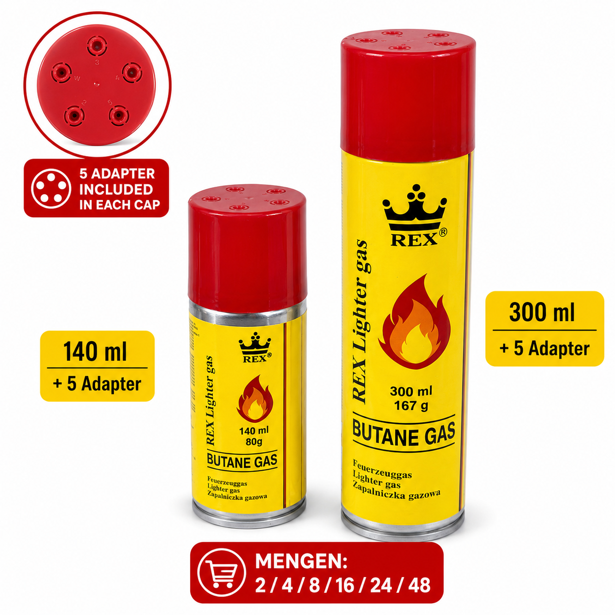 Feuerzeuggas Nachfüllgas Butan 140ml / 300ml Universalgas inkl. 5 Adapter