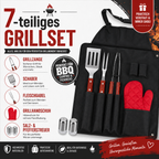Grillset Grillschürze mit Grillbesteck 7-teilig - BBQ Set Grillzange, Schaber & Fleischgabel