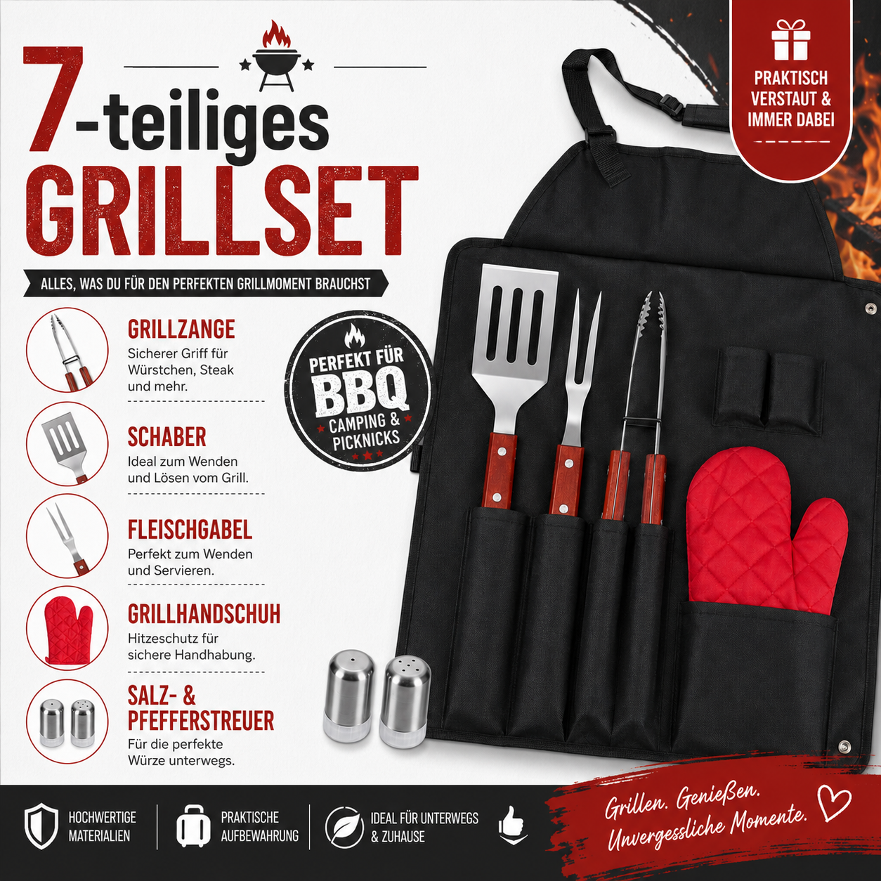 Grillset Grillschürze mit Grillbesteck 7-teilig - BBQ Set Grillzange, Schaber & Fleischgabel