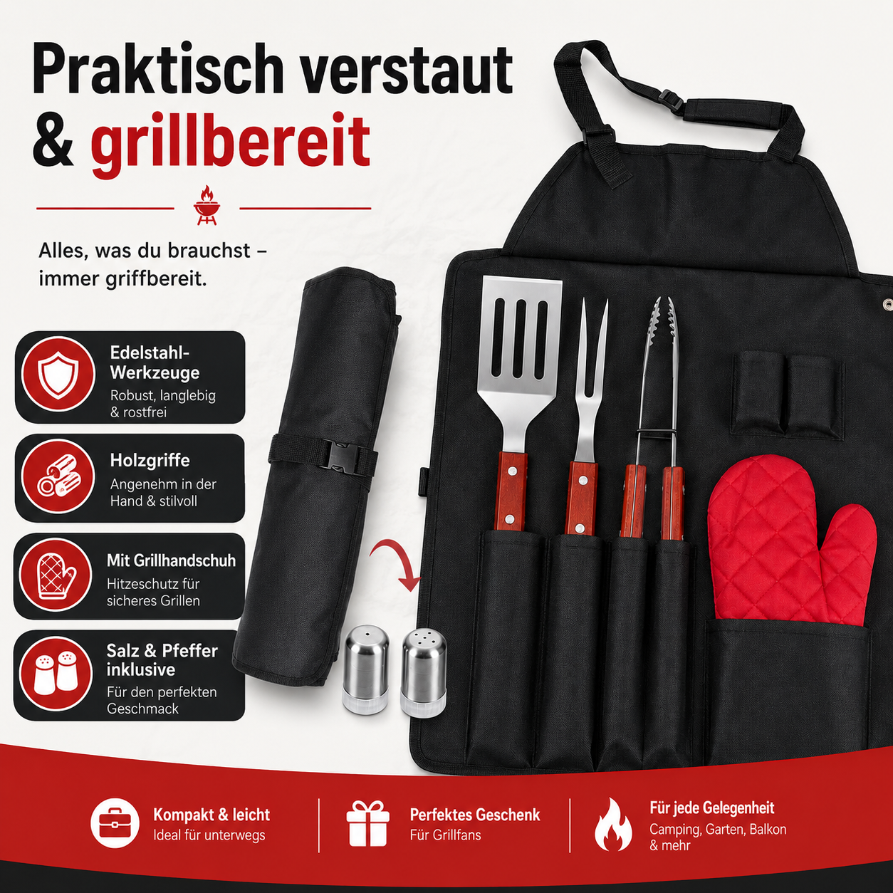 Grillset Grillschürze mit Grillbesteck 7-teilig - BBQ Set Grillzange, Schaber & Fleischgabel