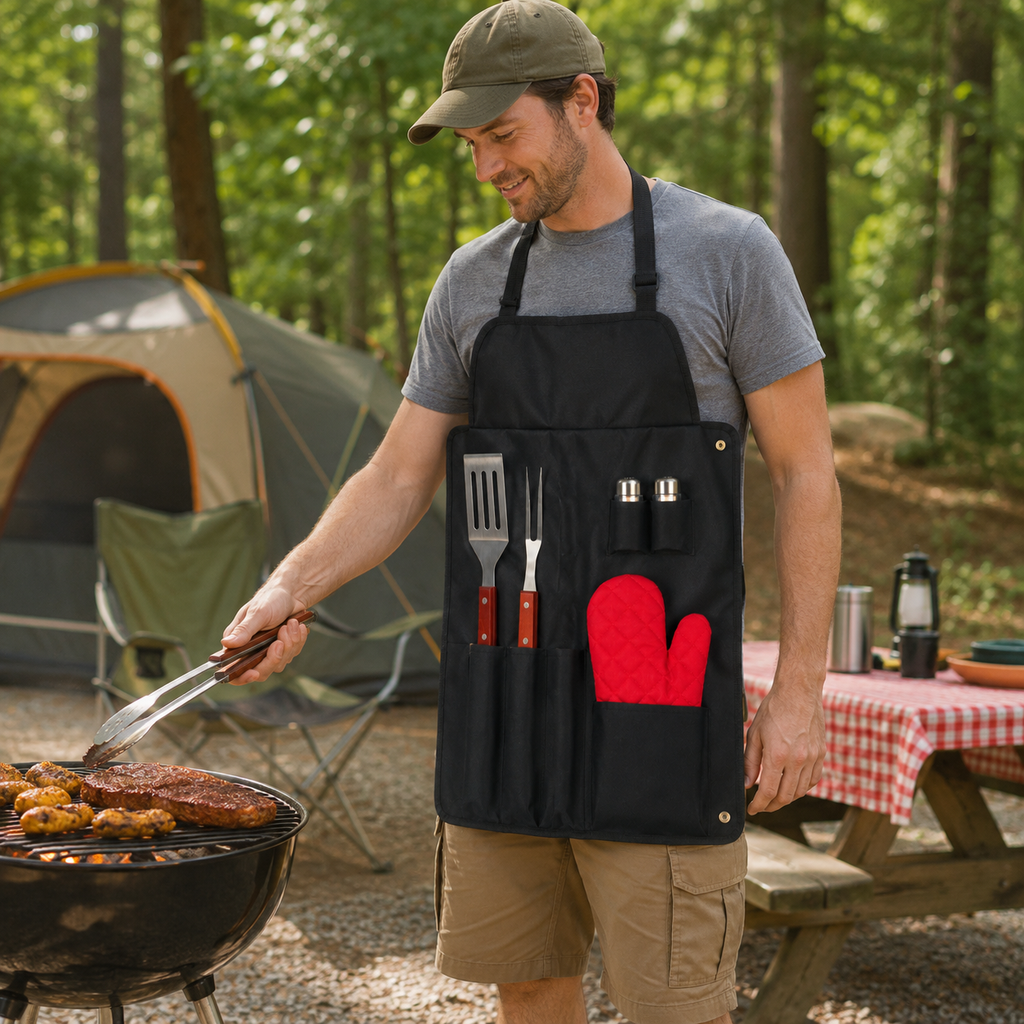 Grillset Grillschürze mit Grillbesteck 7-teilig - BBQ Set Grillzange, Schaber & Fleischgabel