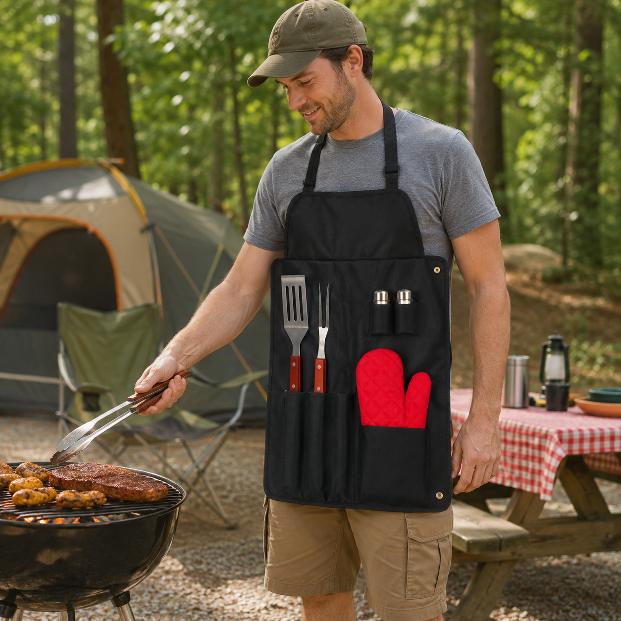 Grillset Grillschürze mit Grillbesteck 7-teilig - BBQ Set Grillzange, Schaber & Fleischgabel