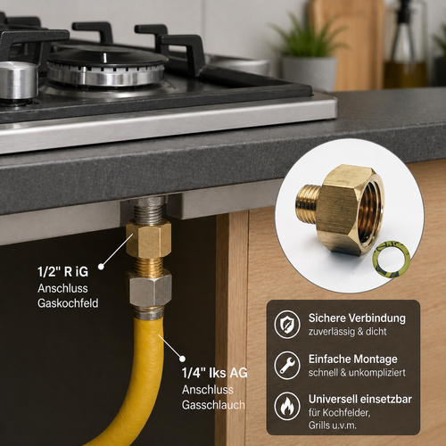 Übergang 1/2" R auf 1/4" links – LPG Gasadapter aus Messing