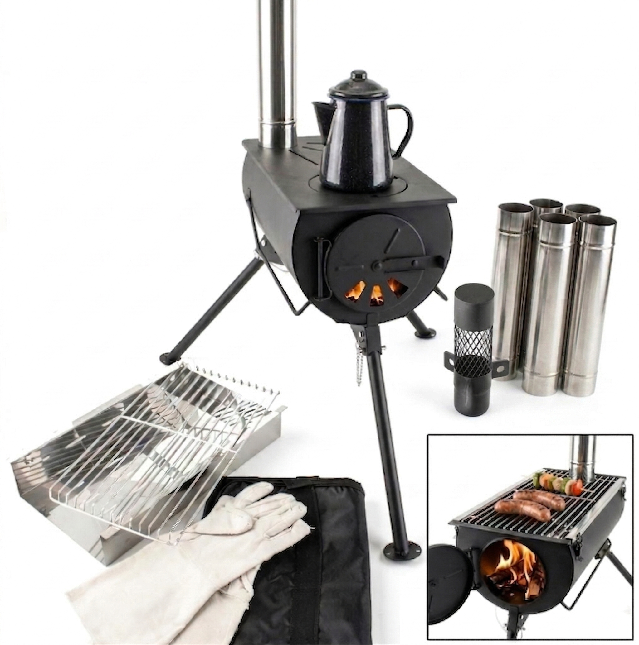 NJ WMCP03 Camping-Holzofen mit Grill Tragetasche und Rauchrohren
