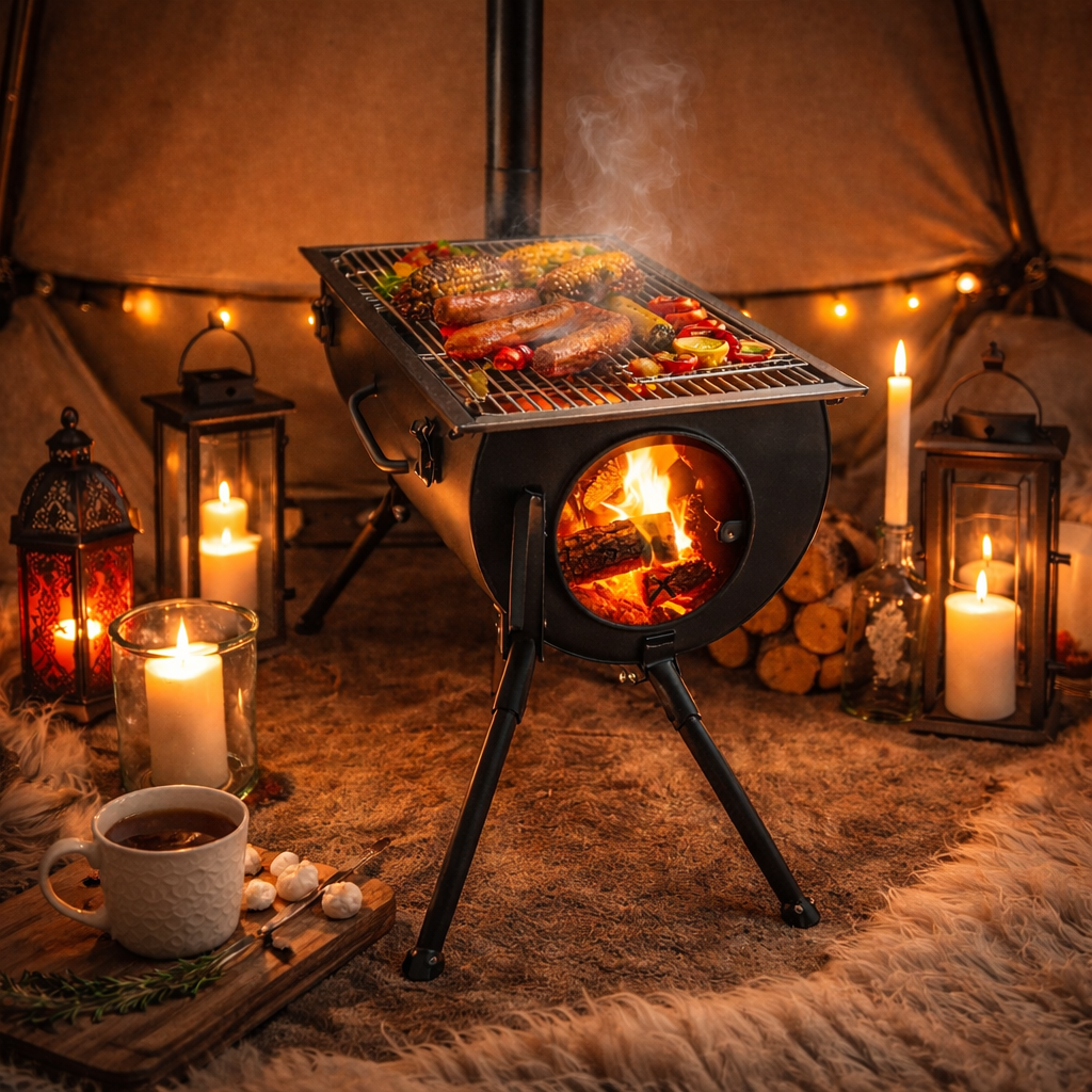 NJ WMCP03 Camping-Holzofen 2 kW mit Grill – Zeltofen & Terrassenofen