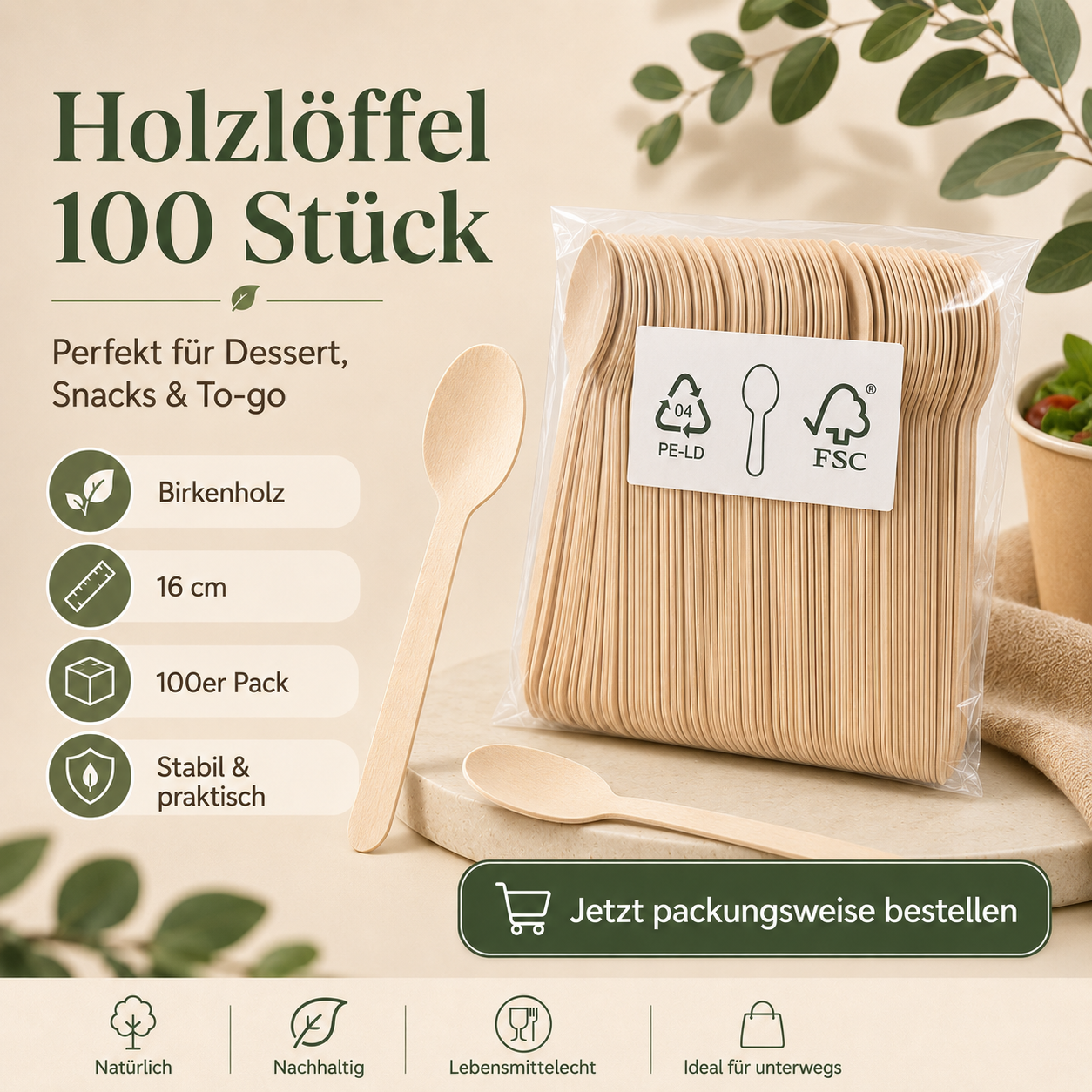 Holzlöffel 100 Stück – Einweg-Löffel aus Birkenholz 16 cm