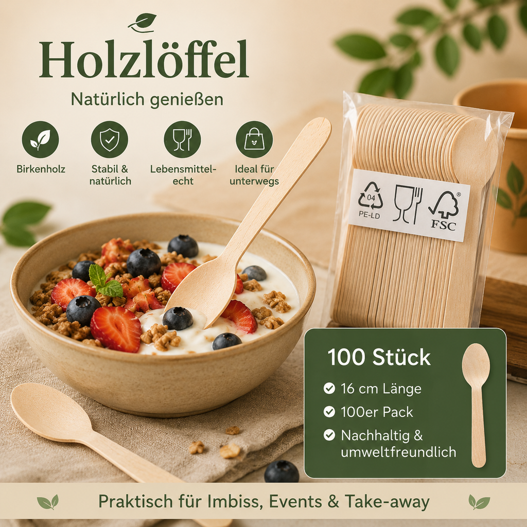 Holzlöffel aus Birkenholz 100er Pack für Dessert Snacks Imbiss Events und Take-away