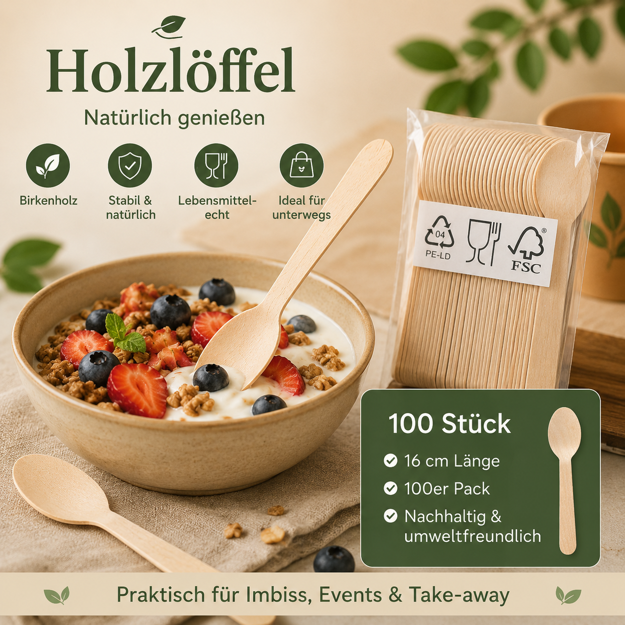 Holzlöffel aus Birkenholz 100er Pack für Dessert Snacks Imbiss Events und Take-away