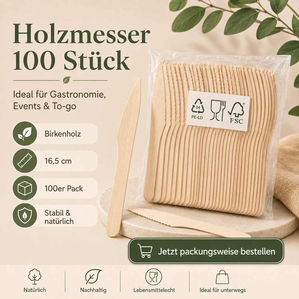 Holzmesser 100 Stück – Einweg-Messer aus Birkenholz 16,5 cm