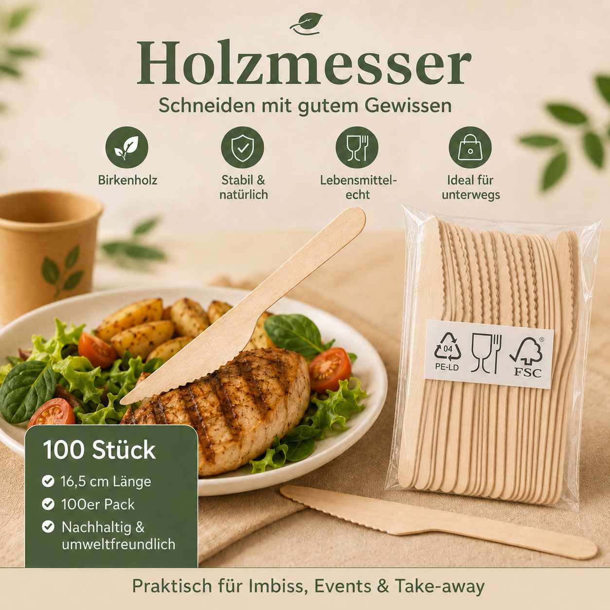 Holzmesser aus Birkenholz 100er Pack für Catering Imbiss Events und Take-away