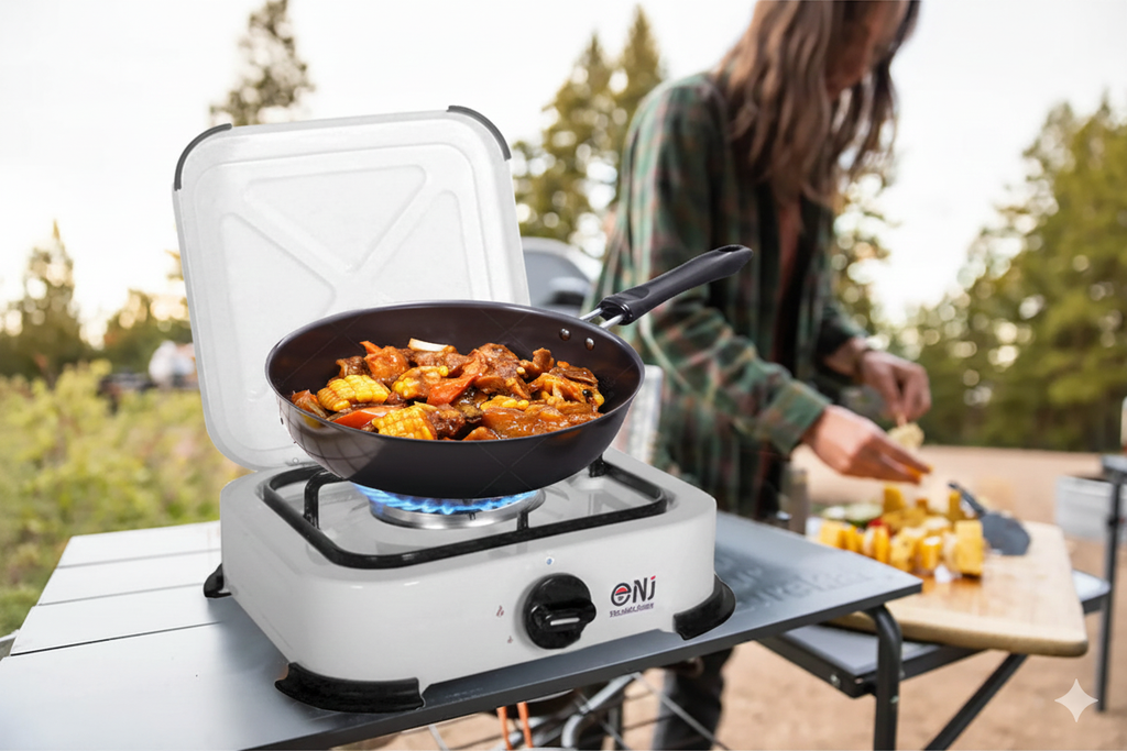 NJ-01 Propan Gaskocher 1 flammig Campingkocher 2,2 KW mit Deckel