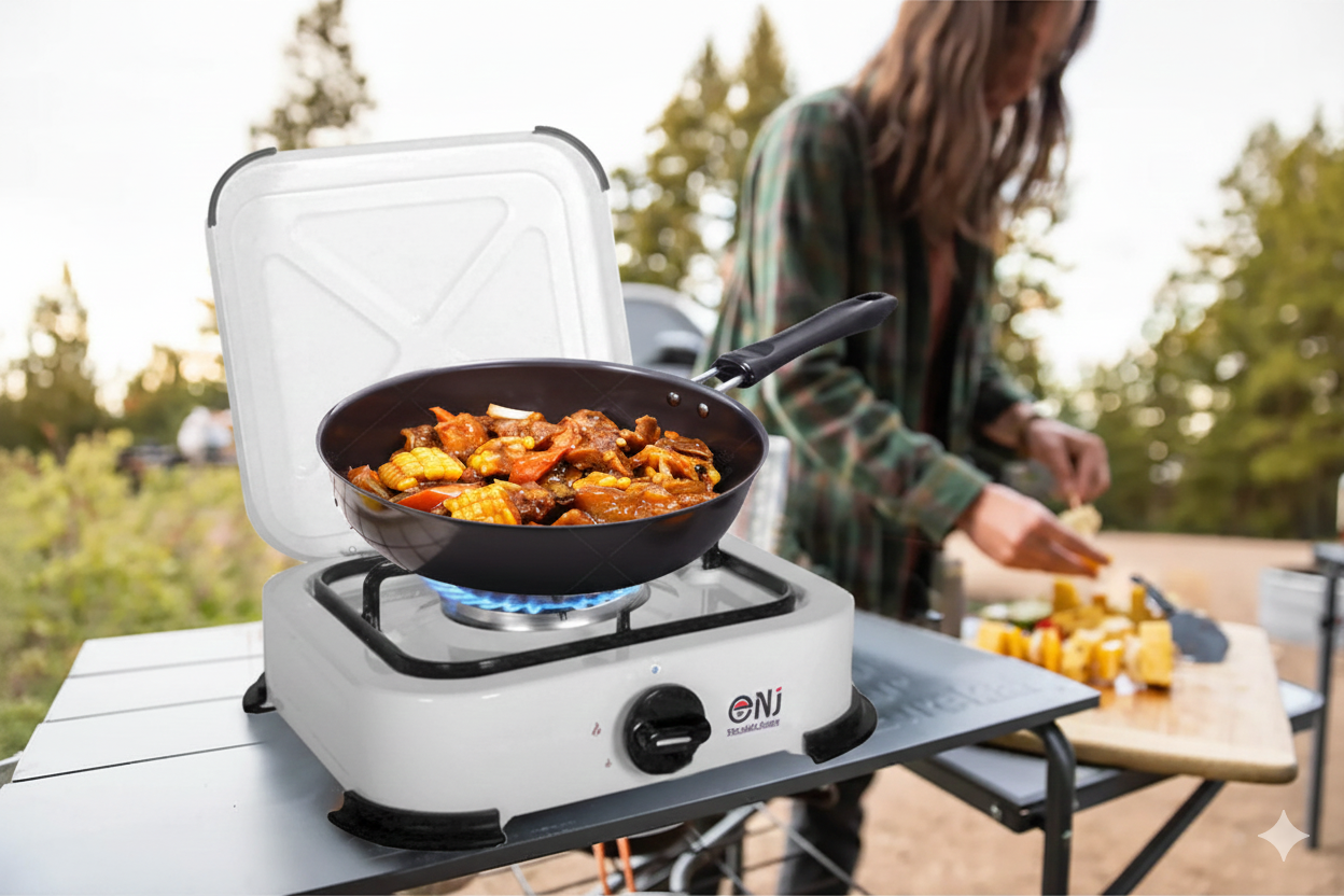 NJ-01 Propan Gaskocher 1 flammig Campingkocher 2,2 KW mit Deckel
