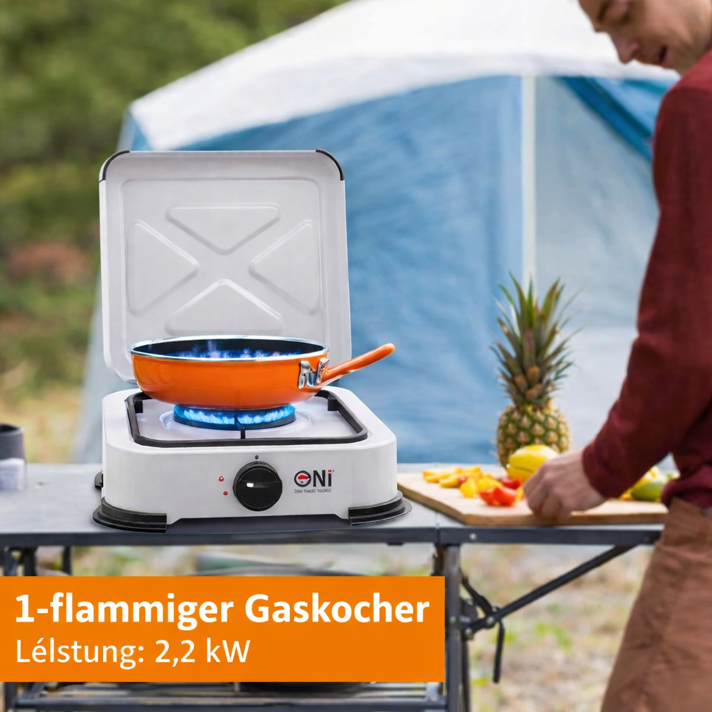 NJ-01 Propan Gaskocher 1 flammig Campingkocher 2,2 KW mit Deckel