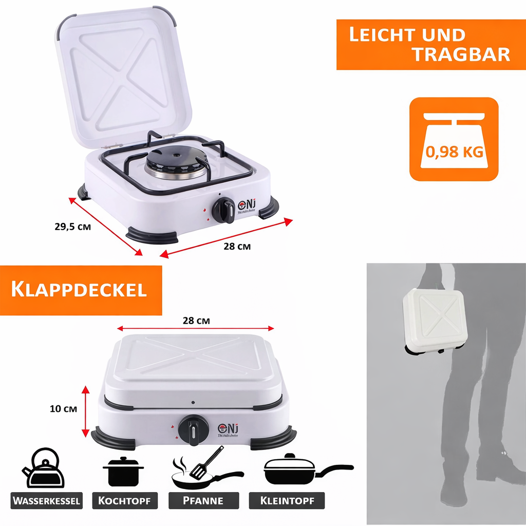 NJ-01 Propan Gaskocher 1 flammig Campingkocher 2,2 KW mit Deckel